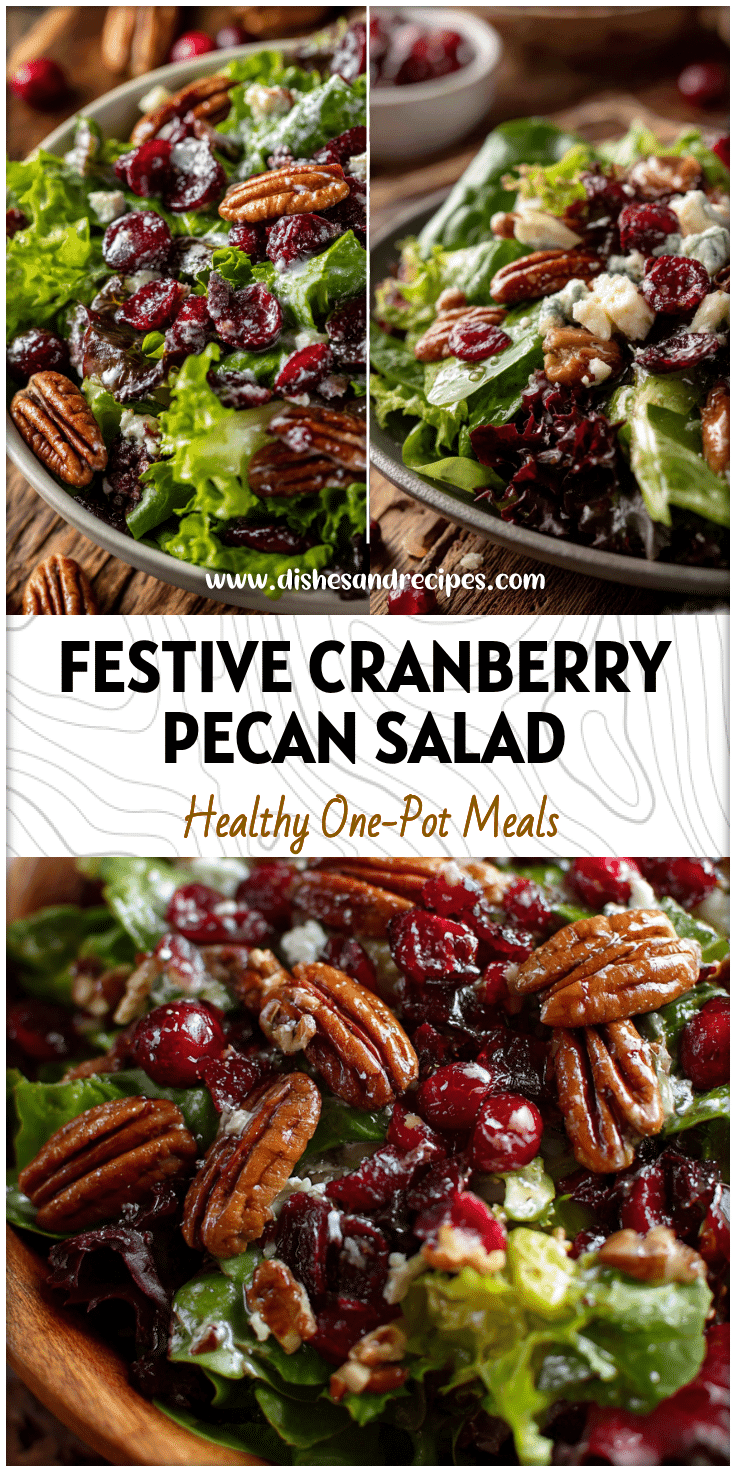 Fresh Cranberry Pecan Salad with maple dressing served as a Green Salad For Thanksgiving on a rustic table.